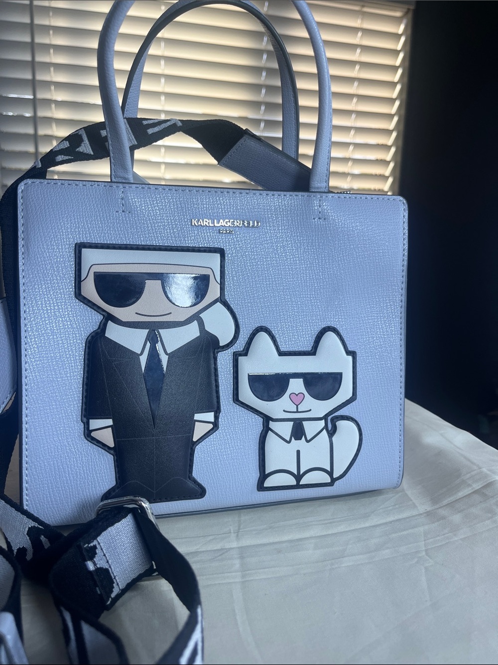 Karl Lagerfeld Light Blie Tote with Black & White Cartoon Appliqués - NWOT - Picture 2 of 7